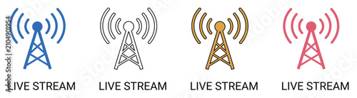 Fotografie Live stream antenna and broadcast signal tower icon set, wireless communication network symbol, digital radio transmitter station and internet connectivity vector