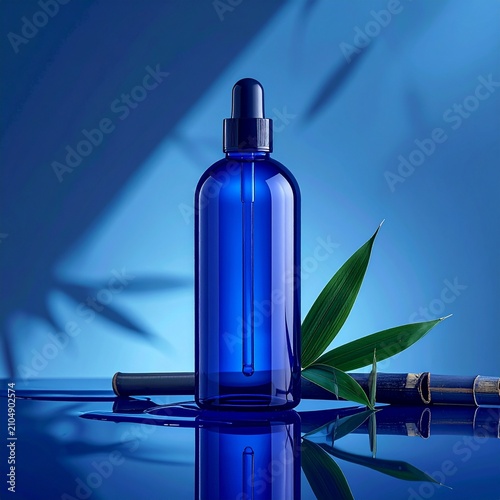 A blue glass dropper bottle stands on a reflective surface next to green leaves against a.
