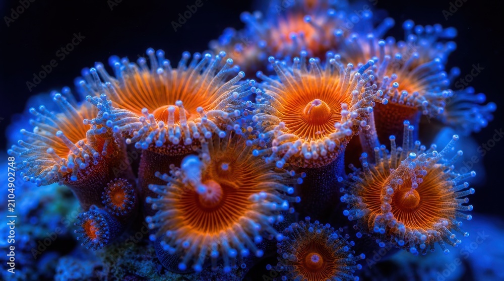 Fototapeta premium Close-up of vibrant orange and blue coral polyps glowing under underwater light with detailed tentacles and textured surfaces.