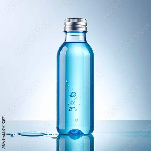 A single glass bottle filled with blue liquid stands centered against a soft gradient.