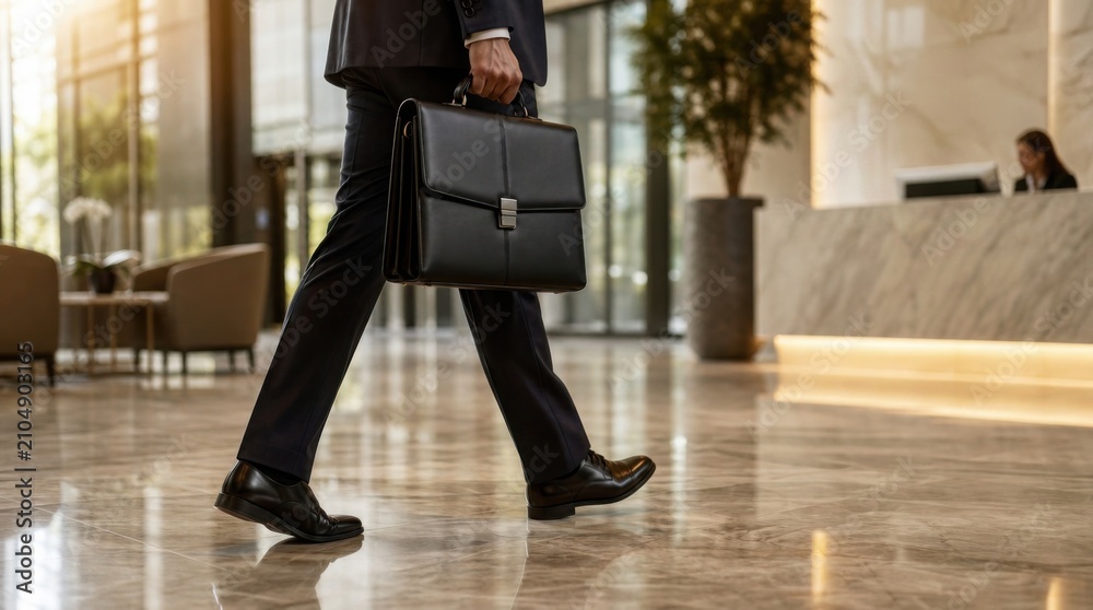 Fototapeta premium A businessman walking through a modern office lobby carrying a black leather briefcase.