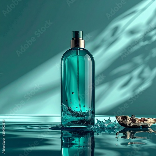 A glass perfume bottle sits on a reflective surface against a teal background with leaf.