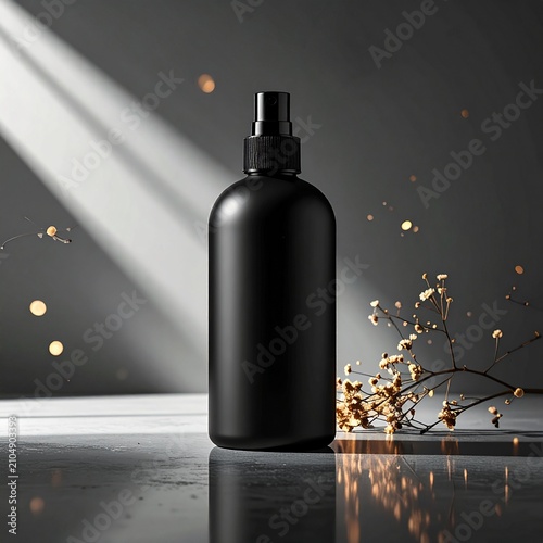 A matte black spray bottle stands on a reflective surface against a dark gray background.