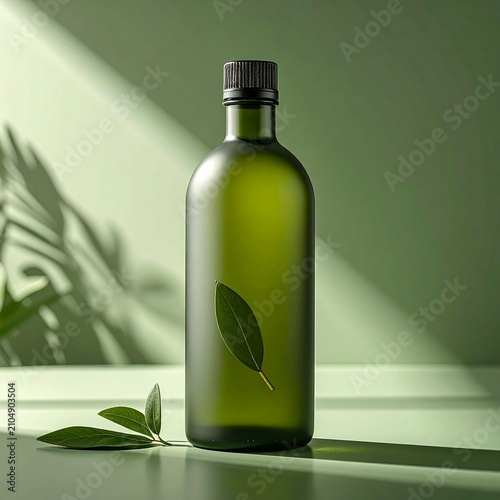 A green glass cosmetic bottle stands on a reflective surface with soft leaf shadows.