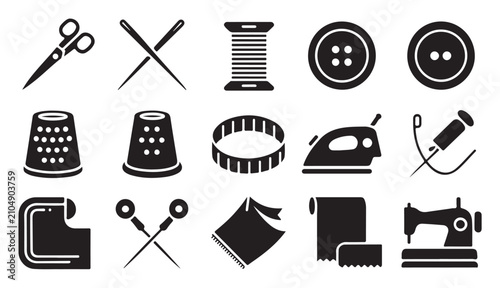 Konstfotografi Set of monochrome sewing and tailoring tools and accessories vector flat icons on transparent background
