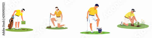 Photos Set of illustrations featuring golfers in yellow and white outfits performing golf course maintenance and divot repairs