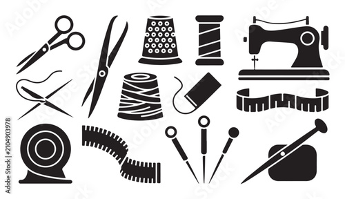 Foto Monochrome dressmaker and haberdashery tools collection for diy projects and craft design