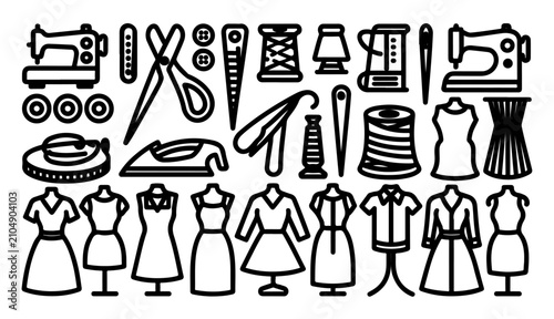 Obraz na płótnie Outline vector set of sewing supplies and tailor workshop equipment for fashion design