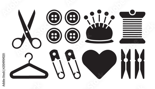 Canvas-taulu Sewing accessories icon set with buttons pincushion scissors and thread for tailors