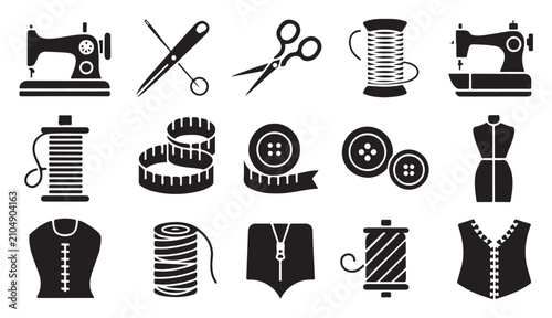 Fotografie Tailoring and sewing icons set featuring sewing machine thread spool tape measure buttons