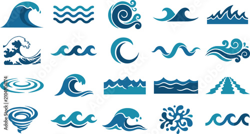 Foto Blue ocean wave vector icon set with various stylized sea curls splashes swirls