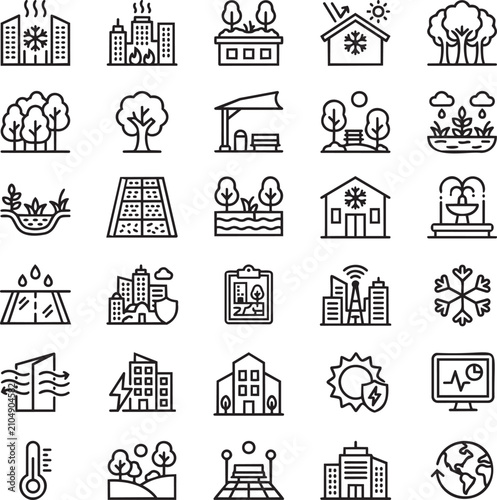 Urban Cooling Black Line Icons for Climate Resilient Cities, Heat Mitigation, Green Infrastructure and Sustainable Urban Planning