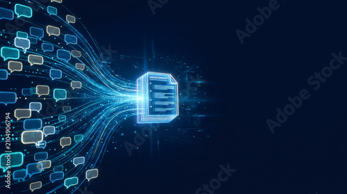 Glowing digital chat bubbles converging into a document icon representing AI meeting summary, automated text generation, and intelligent data processing.