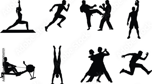 Konstfotografi Collection of black silhouettes featuring people engaged in various sports fitne