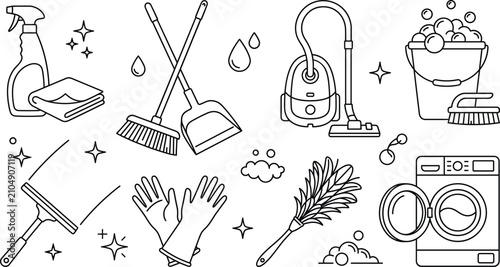 Fotografie Cleaning service icons set with washing machine vacuum cleaner broom duster spra
