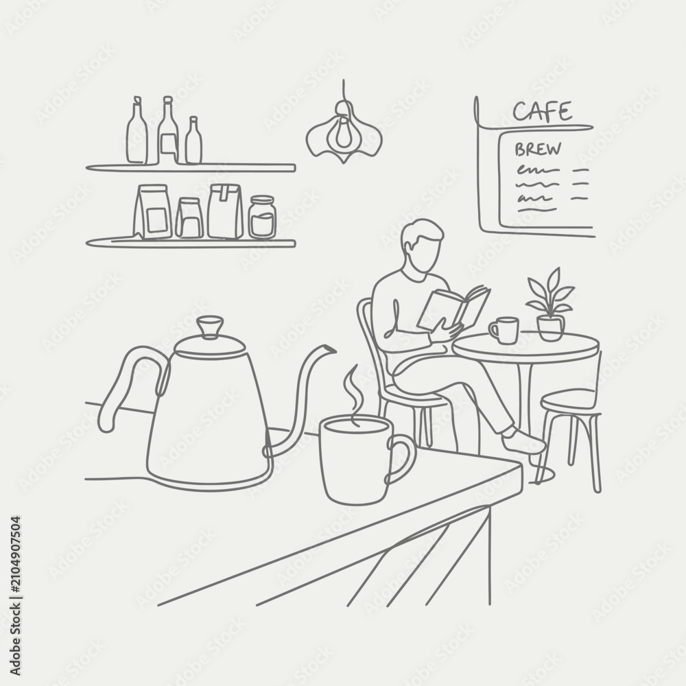 Fototapeta premium Minimalist cafe scene with figure reading book, line art drawing.