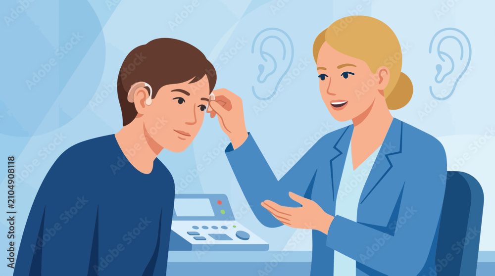 Fototapeta premium Audiologist testing young man's hearing with modern equipment, medical check