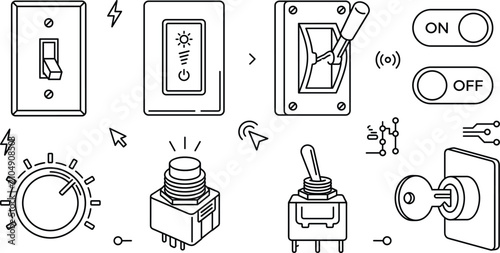 Bild auf Leinwand Electrical switch and toggle button line icons set featuring light dimmer contro