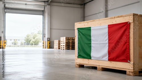 Italian flag draped over a large wooden shipping crate inside a vast industrial warehouse logistics center
