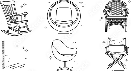 Furniture chair vector line art icon set with rocking chair egg armchair wicker seat and folding directors chair