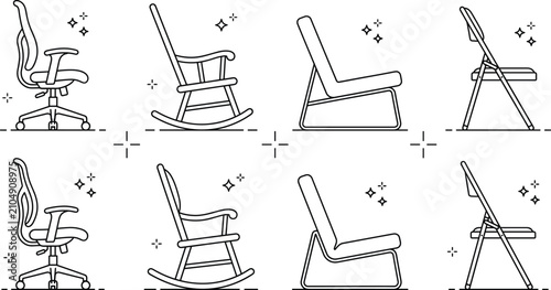 Furniture side view chair vector line art icon bundle with office mesh rocking lounge and folding metal chairs