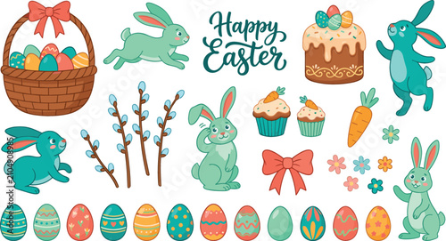 Konstfotografi Cute happy Easter holiday elements collection set with cartoon bunnies basket pa
