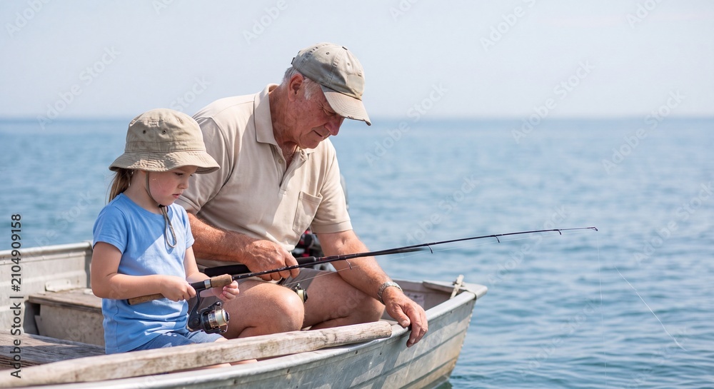 Fototapeta premium Grandfather Teaching Granddaughter How to Fish on a Boat