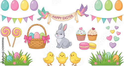 Cuadro en lienzo Cute happy Easter holiday elements collection set with cartoon bunny chicks bird