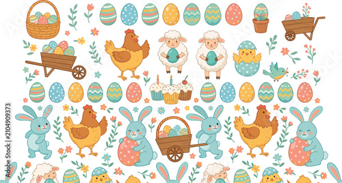 Konstfotografi Cute happy Easter holiday elements set with cartoon bunnies chicks hens sheep co