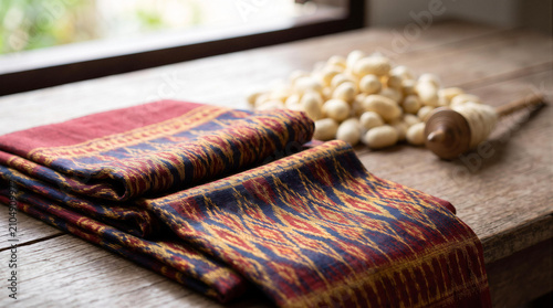 Traditional folded Thai silk fabric with silkworm cocoons and wooden spindle on rustic wooden table