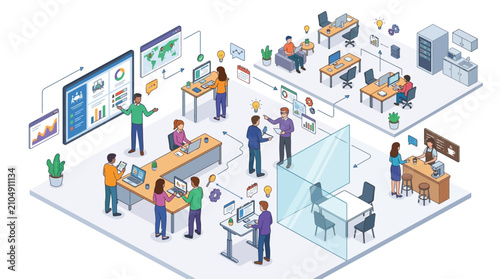 Modern Isometric Office Space and Teamwork Collaboration | Business Analytics