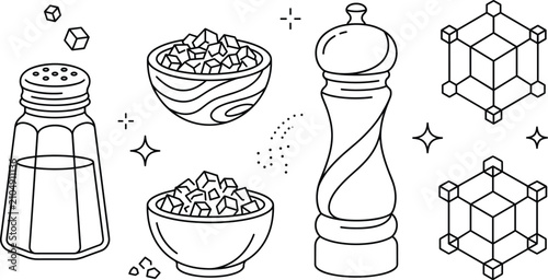 Bild auf Leinwand Salt and pepper shaker mill set with bowls containing crystalline salt cubes lin
