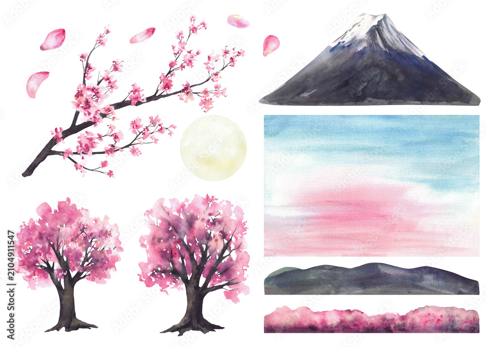 Obraz premium Watercolor Mount Fuji landscape with cherry blossom branch, sakura trees, moon and sunset or sunrise sky. Hand drawn Japan Landmark element set . Isolated illustration for travel post card, wallpaper
