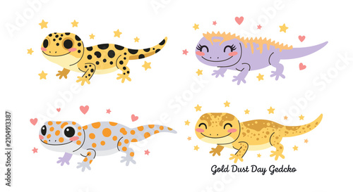 Obraz na plátne Colorful cartoon gecko lizard sticker collection.