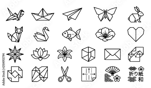 Origami paper folding outline icon collection Japanese art vector set