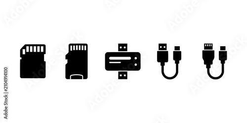 Fotografía Black flat design icons set of memory cards and usb connectors