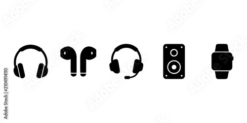 Schilderij op canvas Set of five black audio equipment icons including headphones, earbuds, headset,