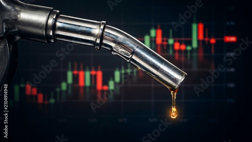 Fuel nozzle with oil price chart representing energy market and petroleum industry