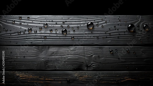 Rain Water Droplets on Black Wood Surface Close Up Abstract Texture Background