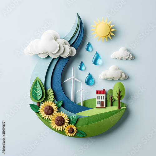 Paper art ecology water earth sun cloud leaf wind turbine green sustainable environment nature blue rain drop sky house tree sunflower garden