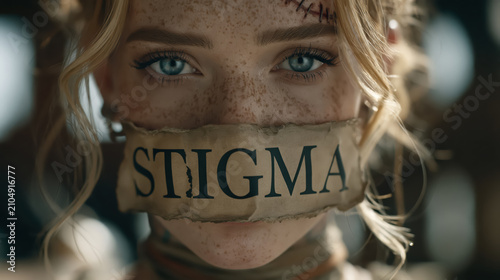 Closeup portrait of woman with tape over mouth labeled stigma, silent protest, mental health awareness