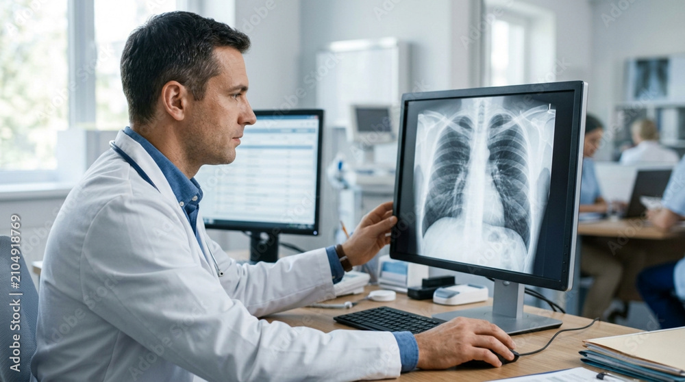 Fototapeta premium Doctor examining chest x-ray on computer screen in a modern clinic