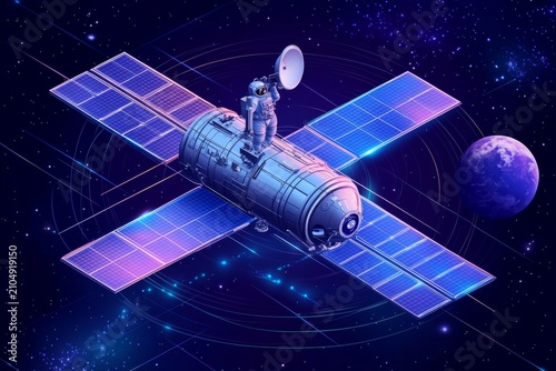 selective focus detailed isometric space laboratory with control consoles astronauts and celestial backdrop