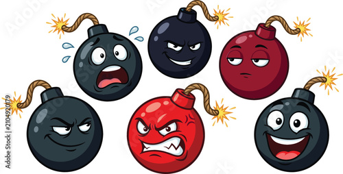 Foto Funny cartoon burning bomb characters collection set with different facial expre