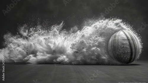 Flying cricket ball, the splash background is black and white color, 