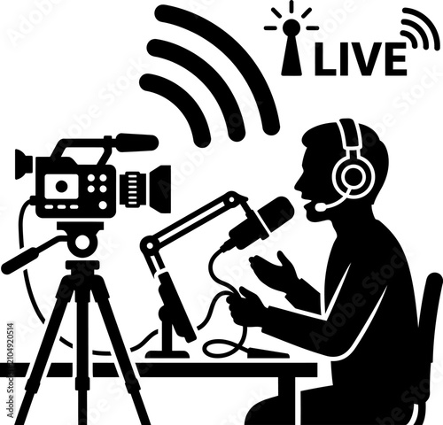 Bild auf Leinwand Vector icon illustration depicting a live streaming podcast studio with a creator wearing headphones talking into a microphone while a camera records the broadcast online