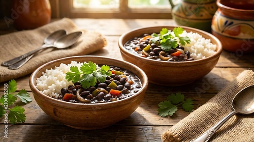 Two bowls of black beans with white rice and fresh cilantro on a rustic wooden kitchen table. Cuban Cuisine 