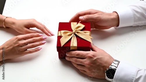 Woman hands a red gift box to a man over a white table