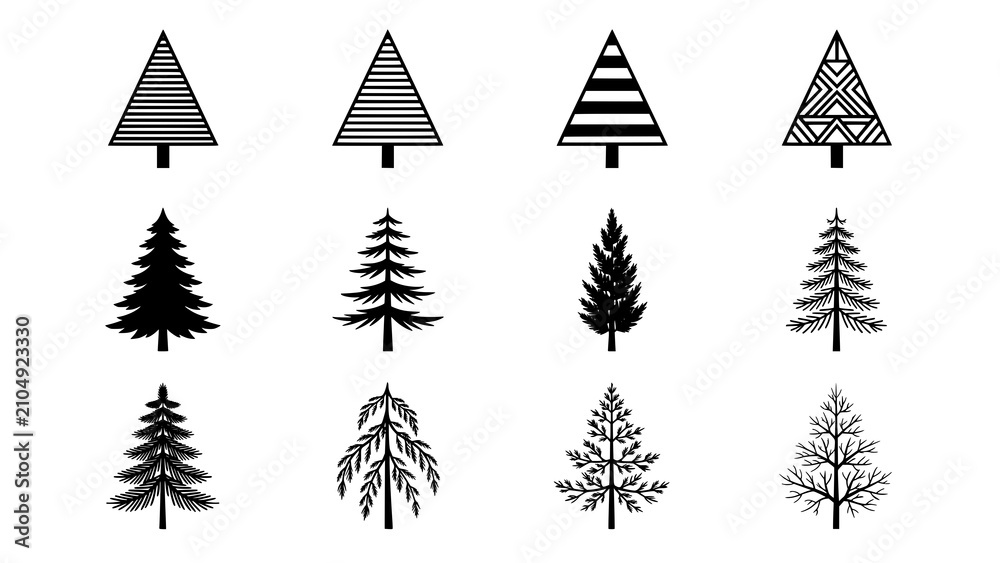 Obraz premium Set of black pine tree icons and fir forest silhouette shapes for design