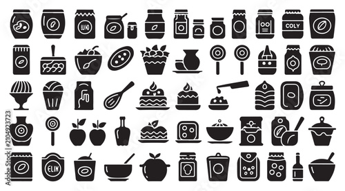 Food and culinary ingredients collection featuring jars sweets and various kitchen items.